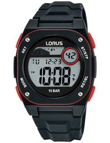 Lorus Black and Red Digital Dial Black Strap Unisex Watch | R2327QX9